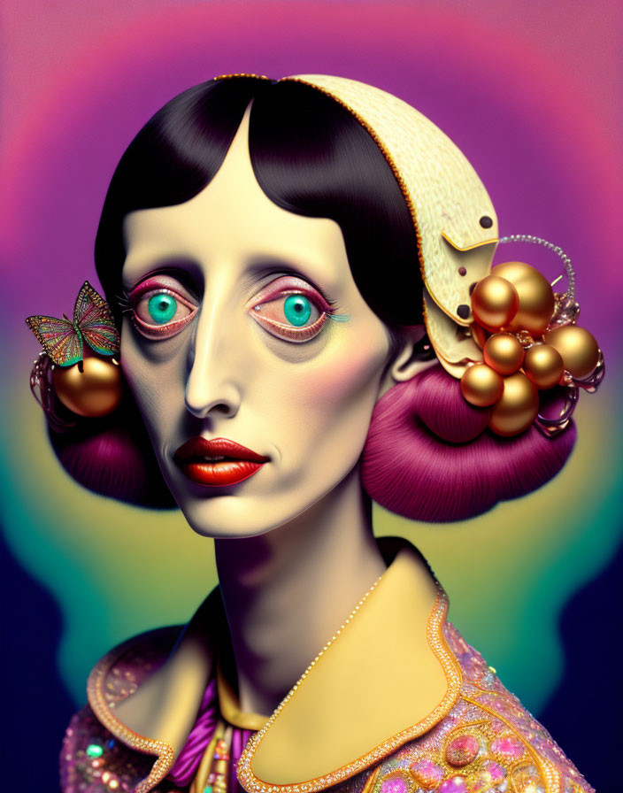 Vibrant digital portrait of a stylized woman with turquoise eyes and gold jewelry