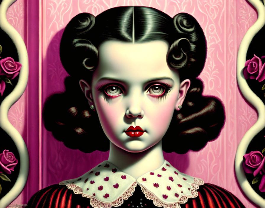 Stylized portrait of girl with large eyes, red lips, vintage hairstyle, pink floral patterns.