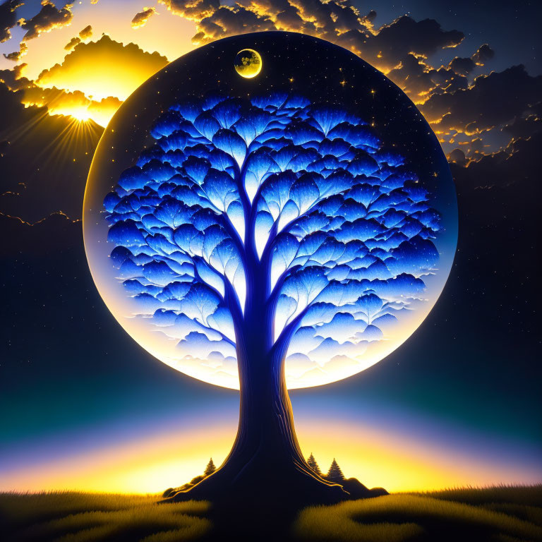 Majestic blue tree in night sky with full moon & sunset clouds