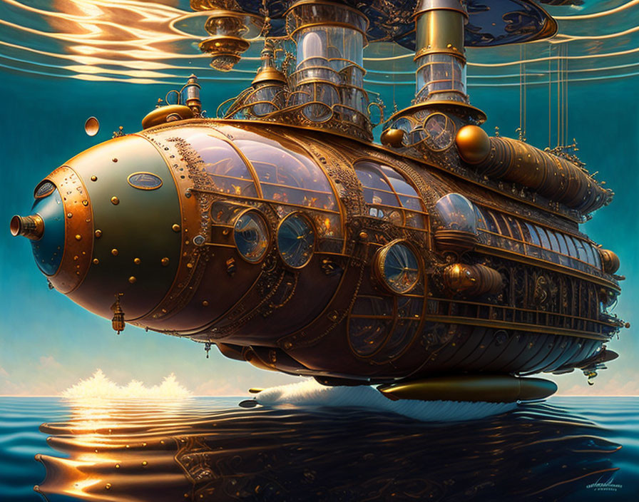 Intricate Steampunk-Style Submarine Floating Underwater