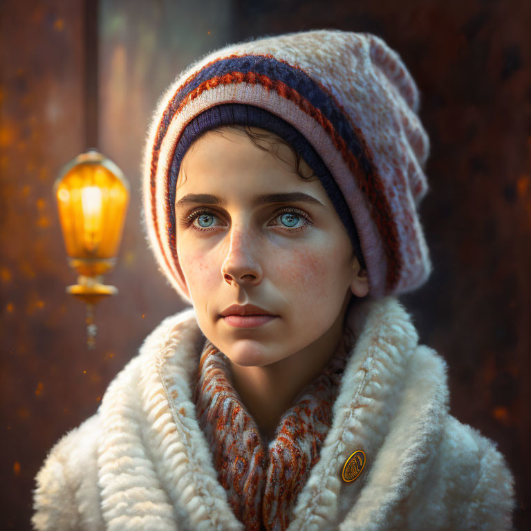 Child portrait with blue eyes in knitted hat and warm clothing under lantern glow