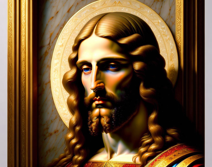 Stylized illustration of solemn Jesus with golden halo on marble backdrop