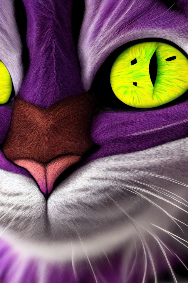 Colorful Stylized Cat Face with Green-Yellow Eyes and Purple Fur