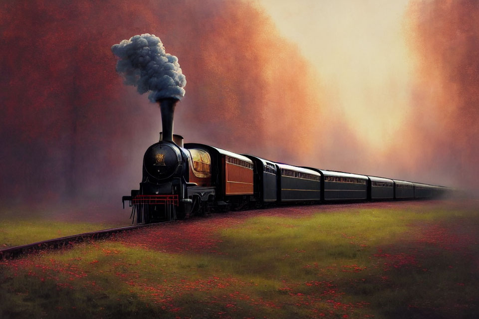 Vintage train with billowing smokestack amidst red-leafed trees