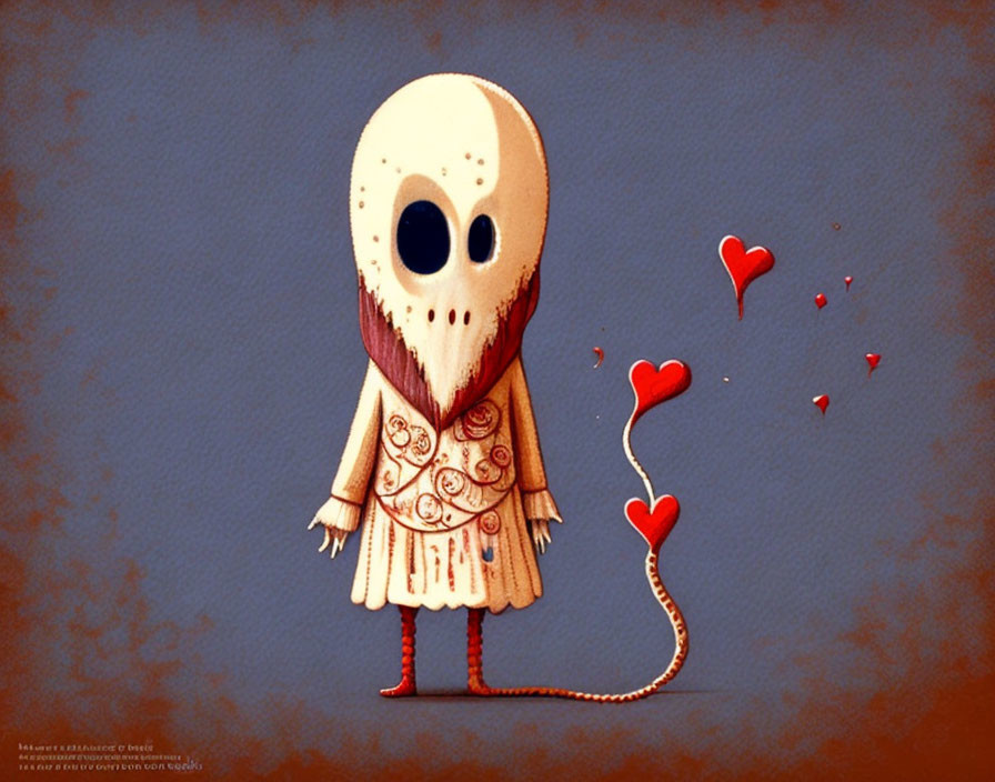 Stylized character with oval head holding heart-shaped balloon