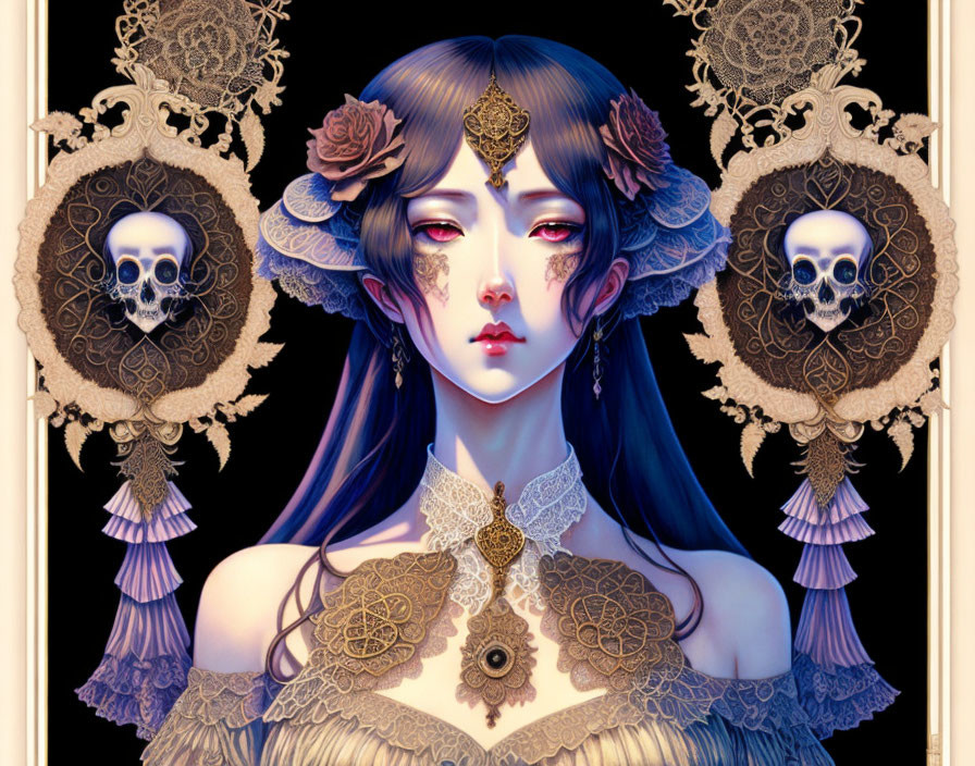 Detailed portrait of woman with dark hair, gold jewelry, roses, and ornate skulls