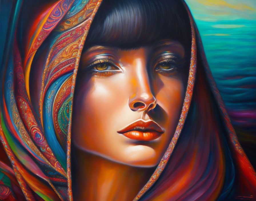 Colorful painting of a woman with vibrant headscarf and golden eyes