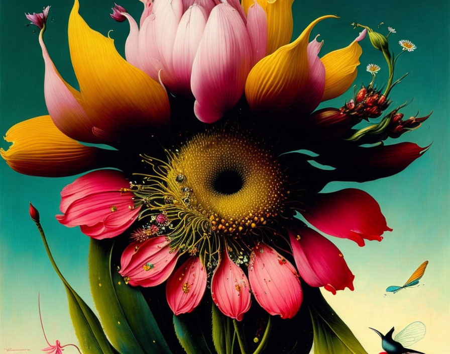 Colorful surreal flower painting with insects on teal background