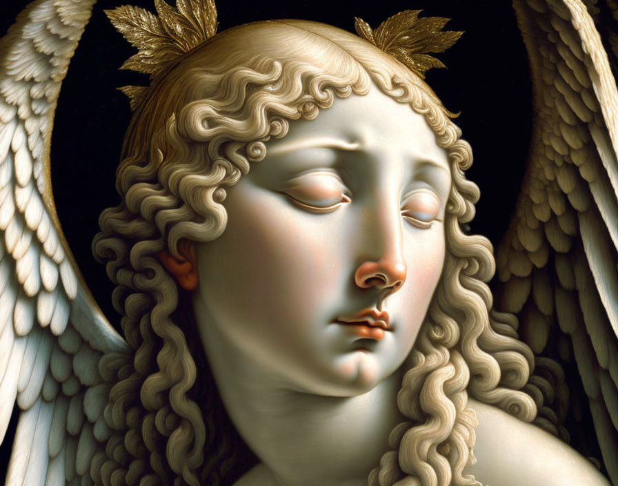 Detailed Painting of Angel with Curly Hair and Golden Leaf Adornments