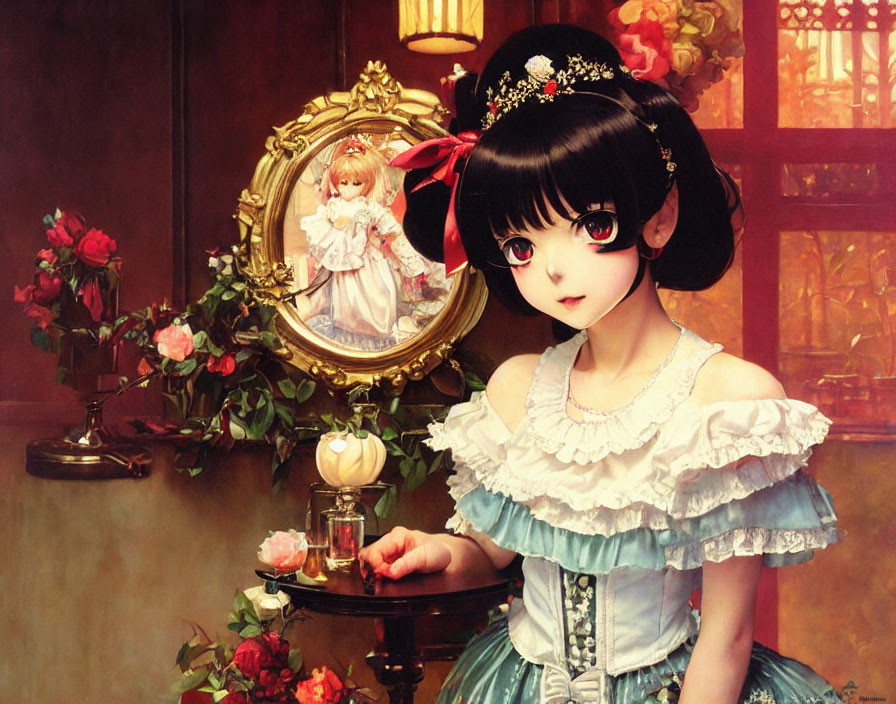 Black-haired anime girl in frilly dress with red bow, beside table with mirror reflection.
