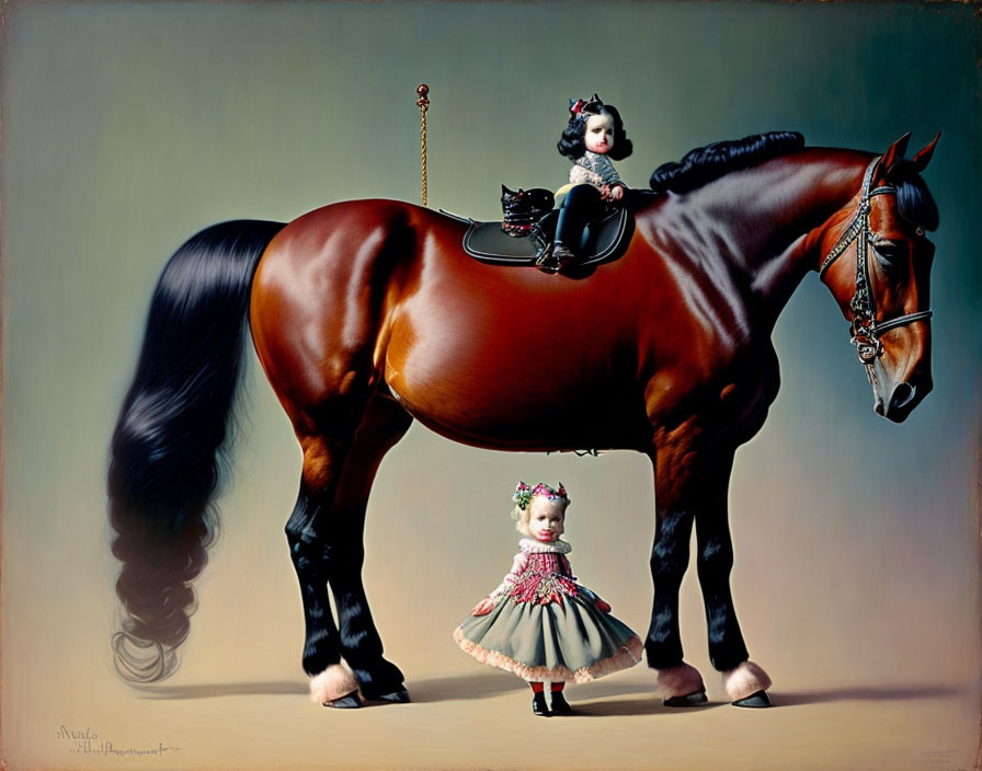 Surreal painting: large horse with girl in vintage clothes