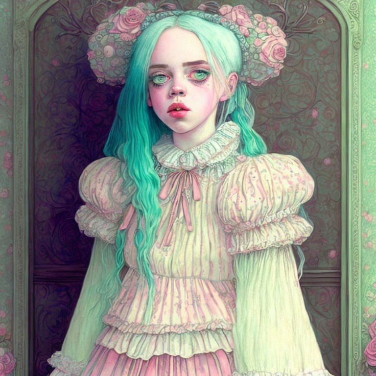 Digital illustration: Girl with turquoise hair in Victorian dress