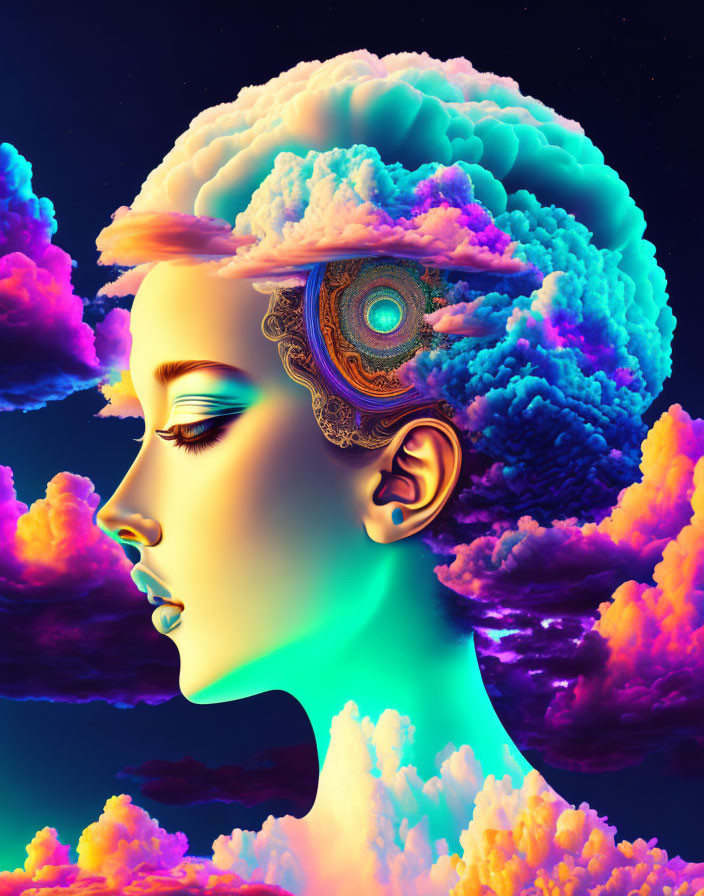 Colorful digital artwork: woman's profile with brain cloud and cosmic background