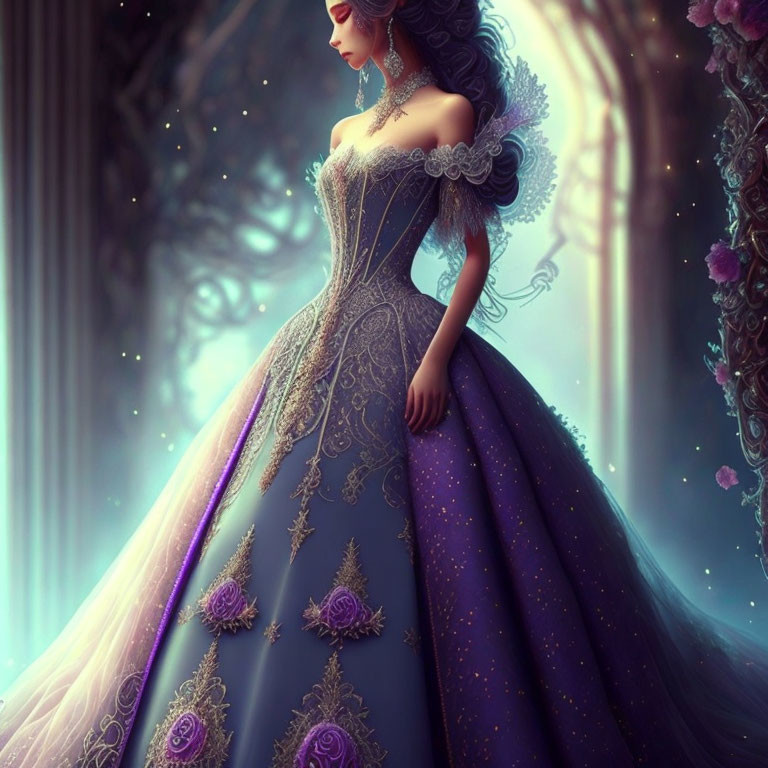 Woman in Purple Ball Gown with Golden Embroidery on Fantasy Floral Background