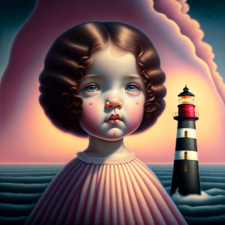 Surreal portrait of young child with expressive eyes and lighthouse in dress collar against twilight sky