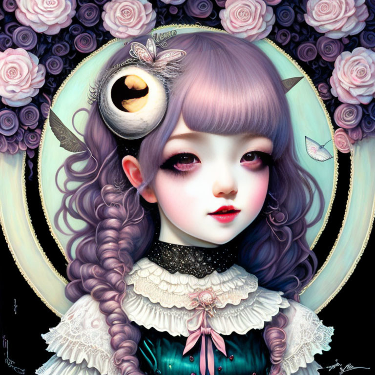 Illustration of girl with oversized eye, roses, gothic Lolita fashion, horn.