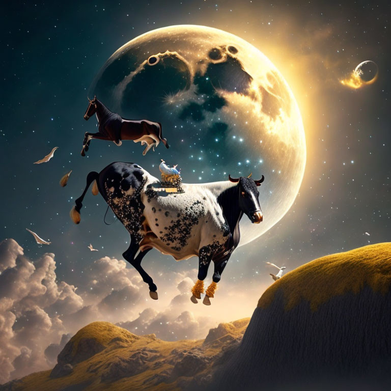 Horses and birds under moonlit celestial sky