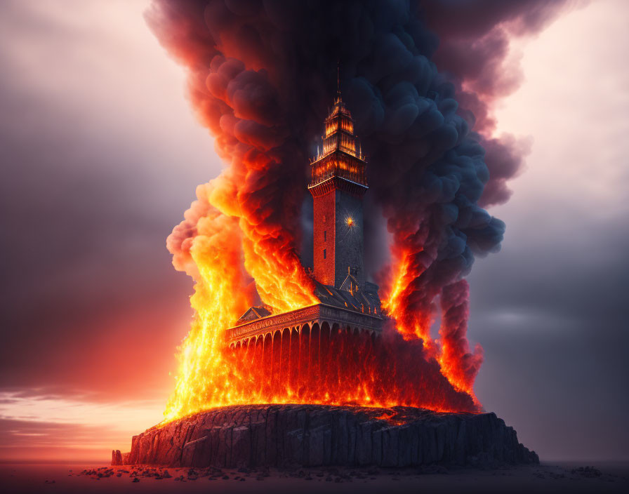 Tower engulfed in flames on rocky outcrop under dusky sky