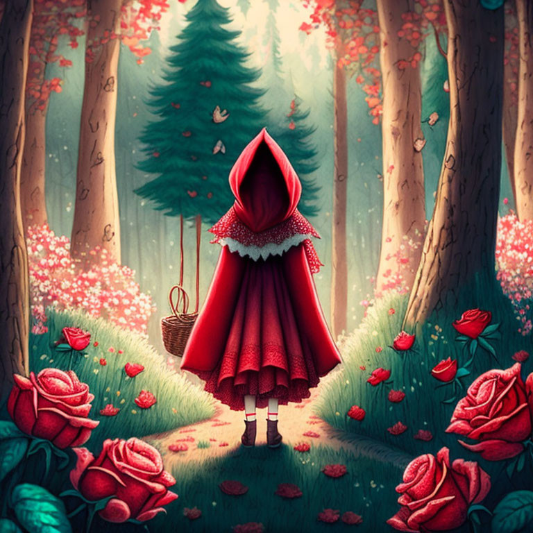 Girl in red cloak with basket in vibrant forest with red roses and tall trees.