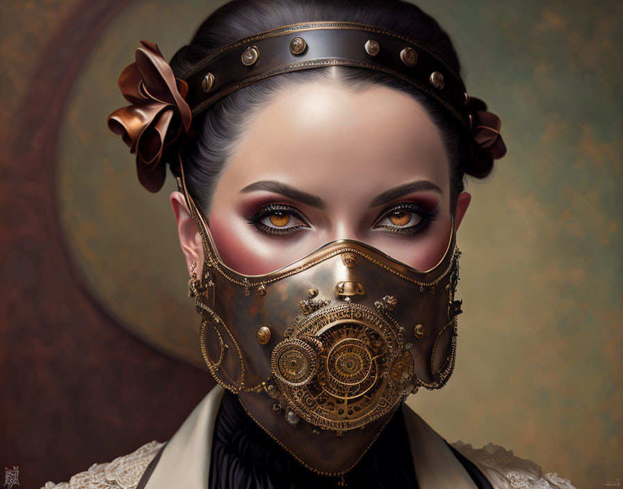 Dark makeup woman in steampunk mask with gears and ruffled attire