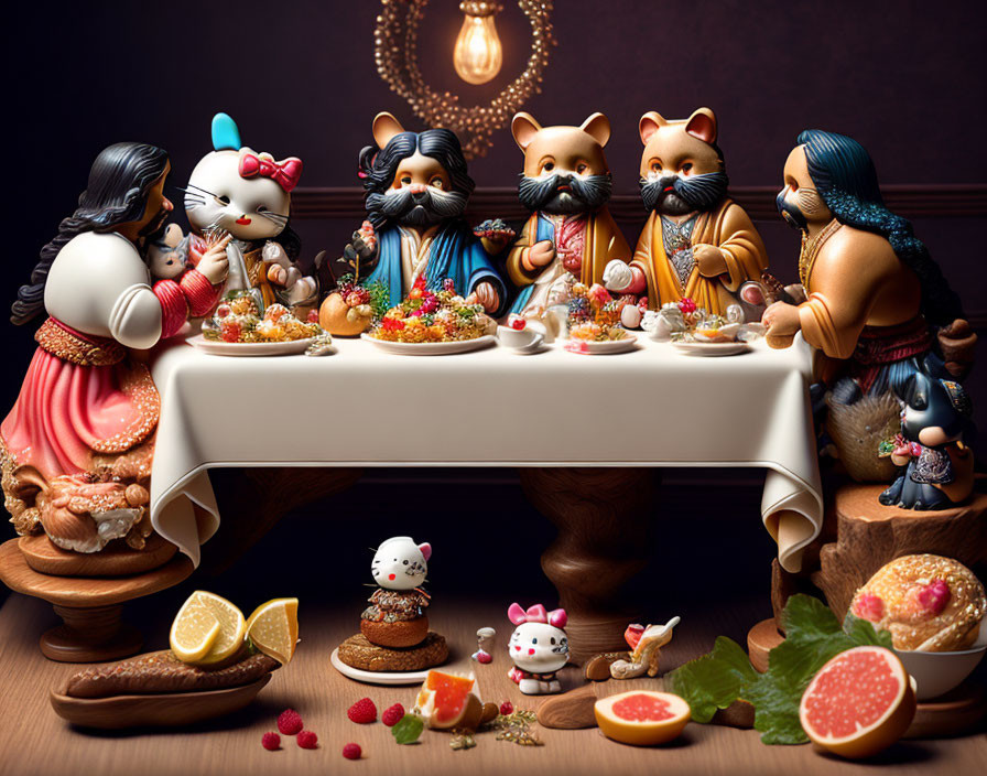 Whimsical recreation of The Last Supper with Hello Kitty and feline figures as apostles