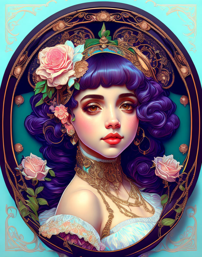 Stylized portrait of woman with blue hair and pink flowers in ornate oval frame
