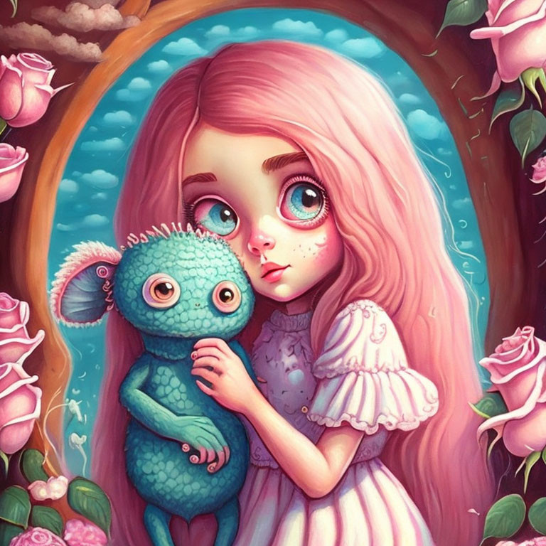 Pink-haired girl with big eyes holding fantastical creature in oval frame surrounded by roses