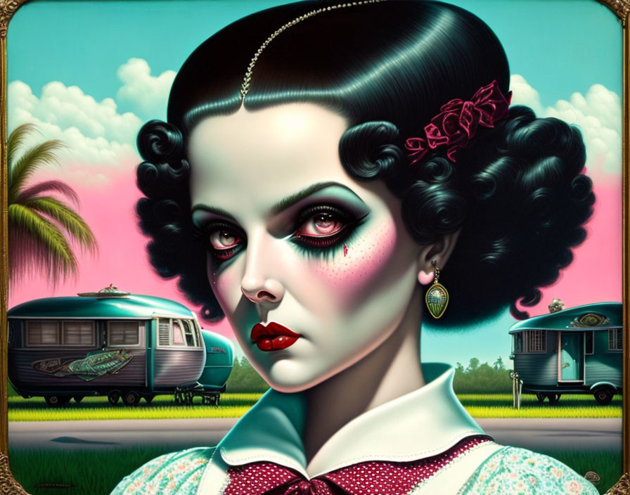 Stylized portrait of woman with dramatic makeup and vintage hairstyle, red flower, retro trailers, cloudy