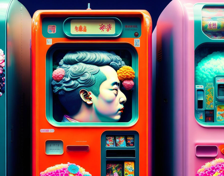 Colorful portrait of a woman merged with orange vending machine in vibrant artwork