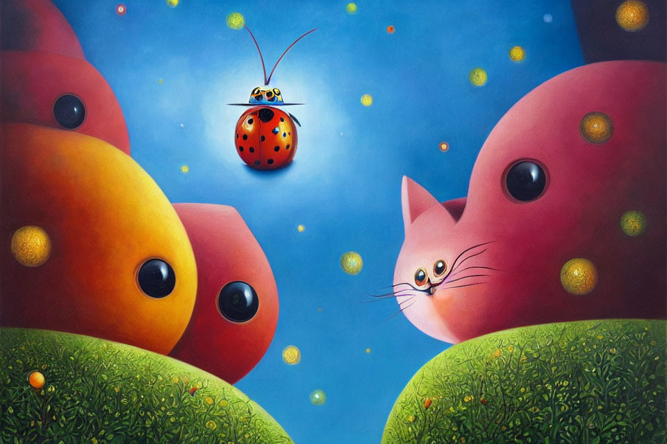 Colorful Ladybug Flying Among Round-Bodied Cats in Whimsical Landscape