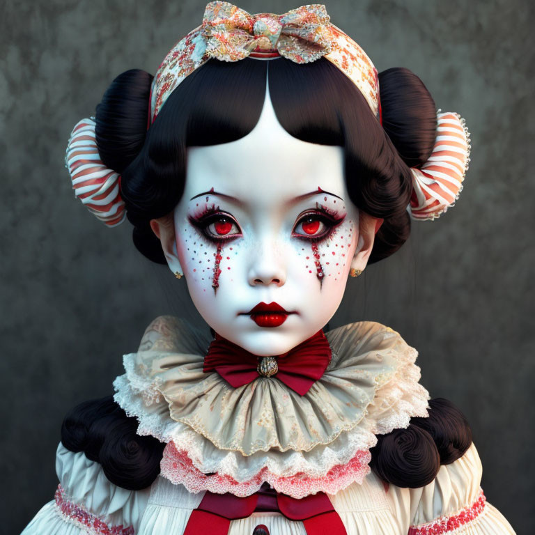 Pale-skinned girl with black hair, red eyes, and Victorian dress in artistic makeup portrait