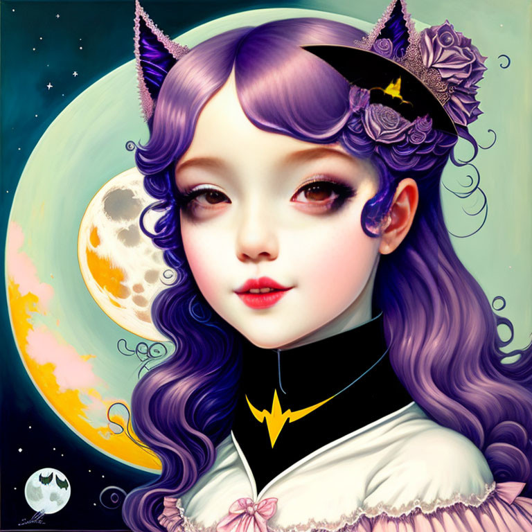 Fantasy portrait of girl with purple hair and cat ears in moon-themed setting