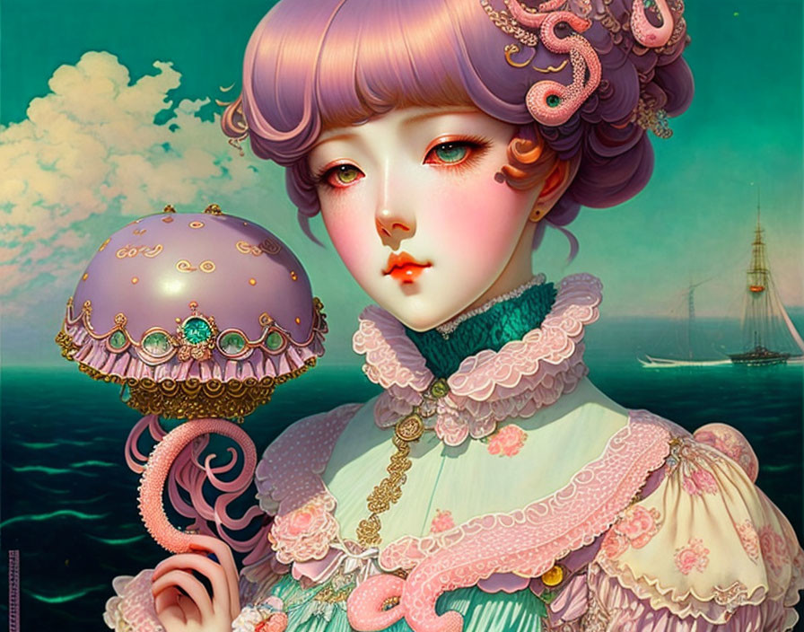 Pink-haired girl with tentacles holding a parasol near a ship