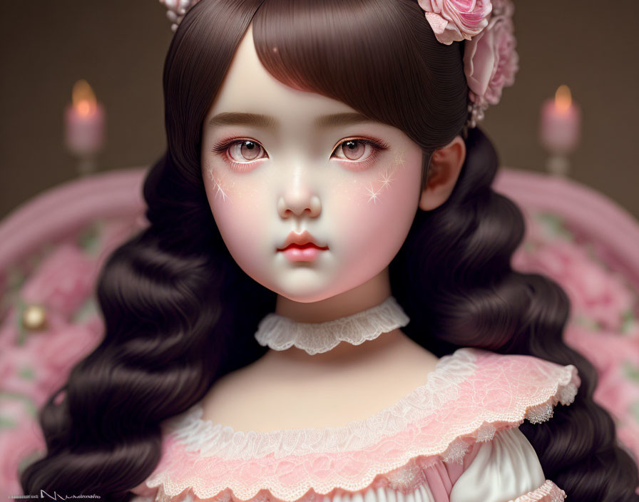 Digital artwork: Girl with expressive eyes, wavy hair, pink floral accessories, vintage attire, candles
