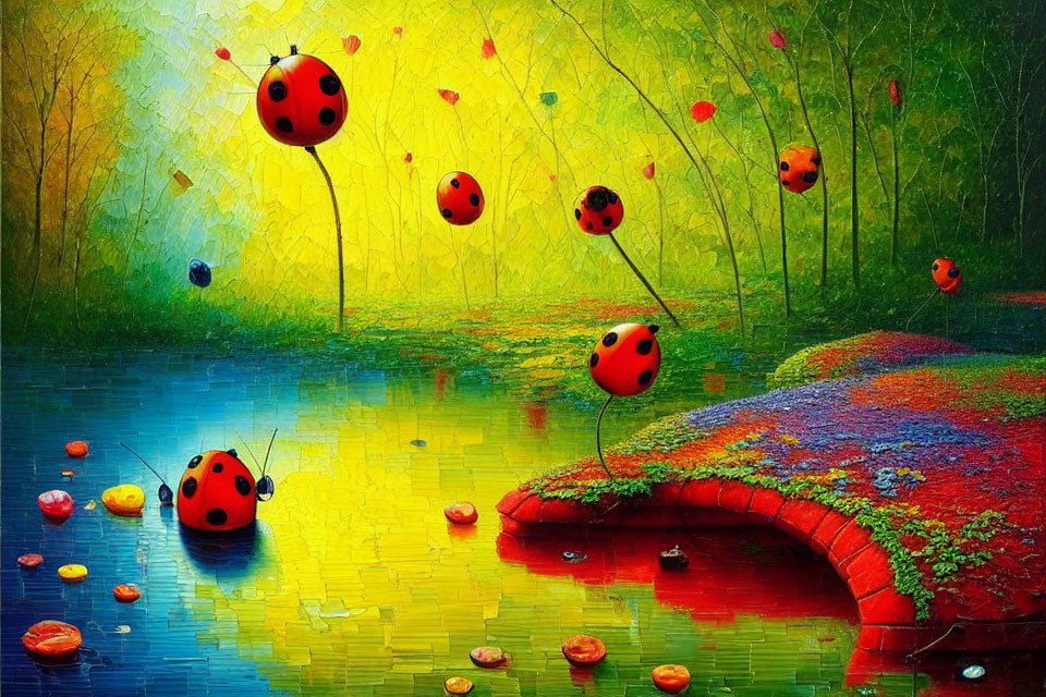 Colorful whimsical landscape with oversized ladybugs and vibrant foliage