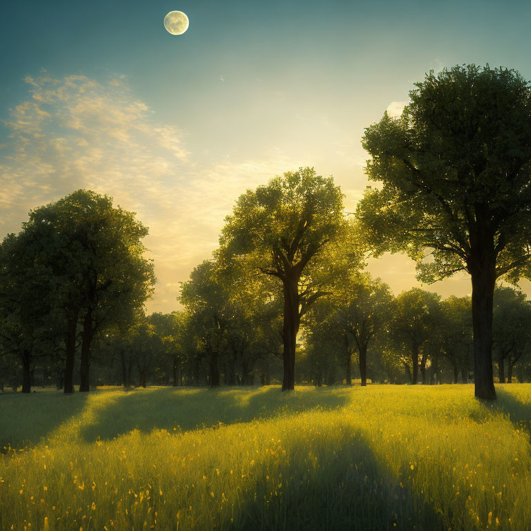 Sunlit Field with Lush Trees and Glowing Moon at Dusk
