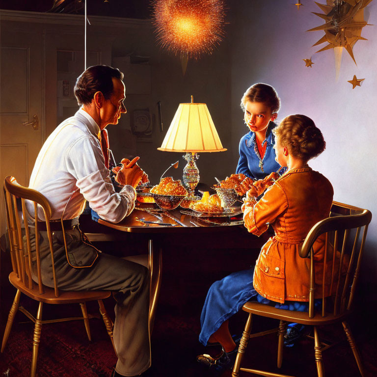 Cozy board game scene with three players under decorative stars