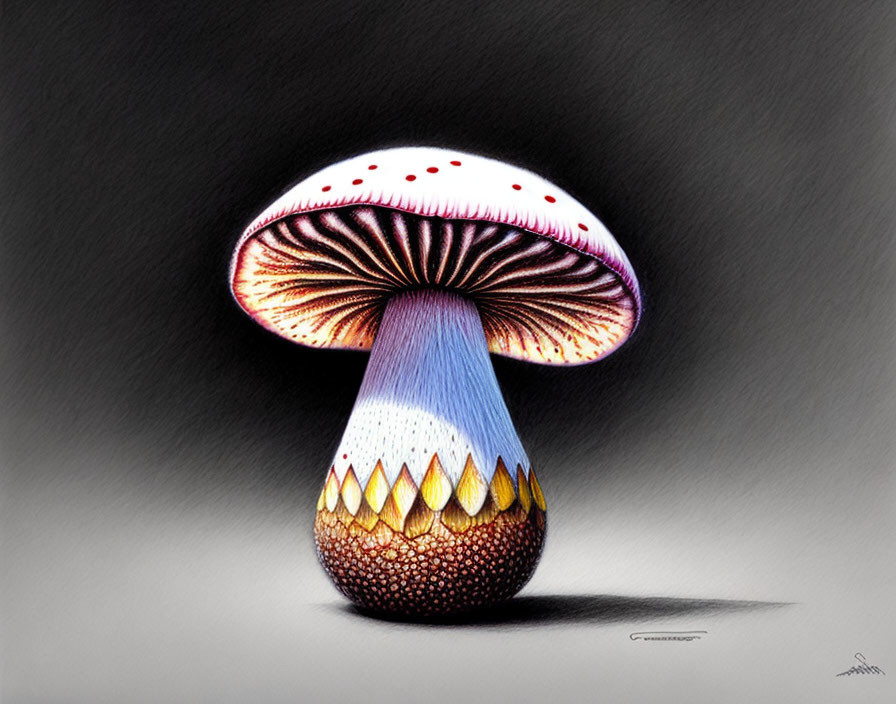 Detailed drawing of purple-yellow gradient stem mushroom with red-white speckled cap on dark background