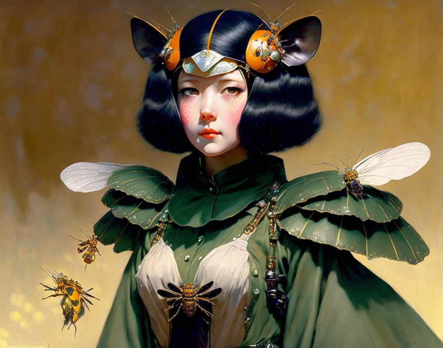 Fantasy illustration of girl in bee-themed attire with realistic bees on warm backdrop