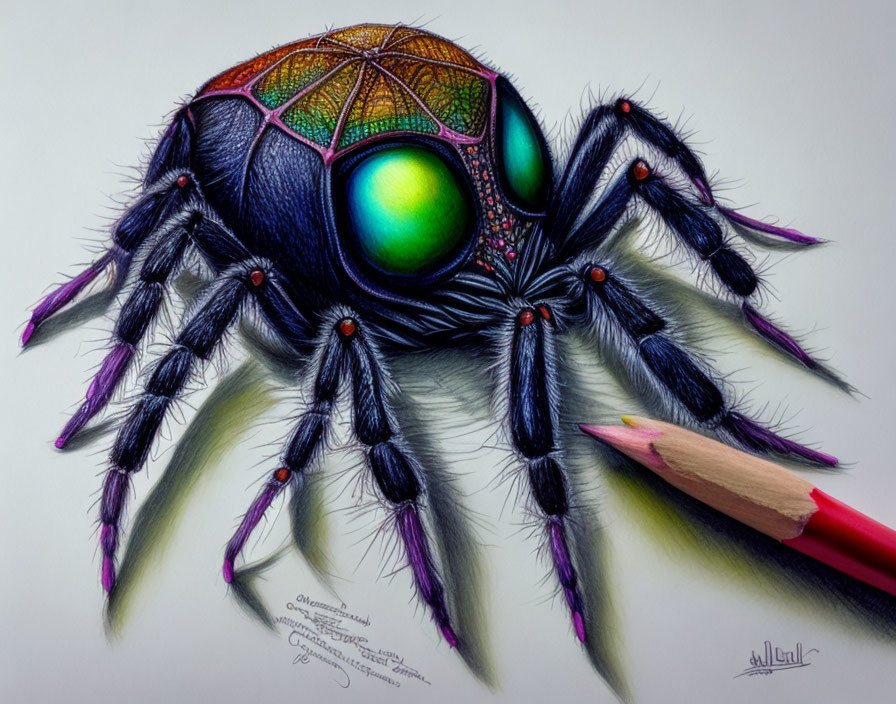 Colorful Spider Drawing with Iridescent Carapace and Green Eyes