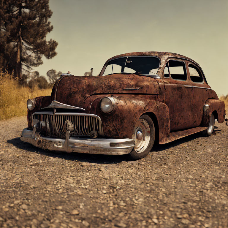 Abandoned vintage rusty car in dry grass on country road