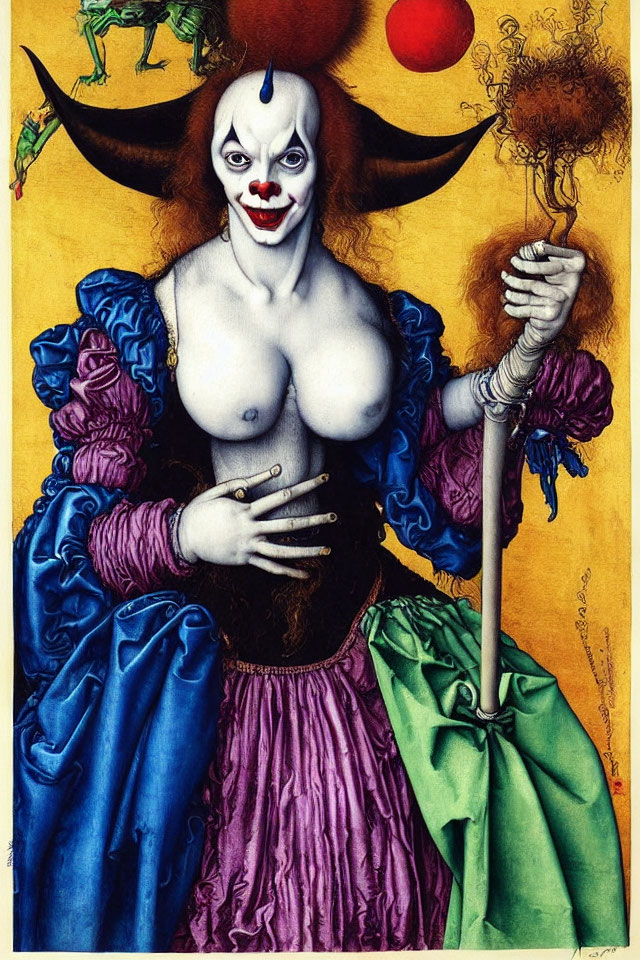 Surreal portrait of figure in clown-like face and renaissance dress