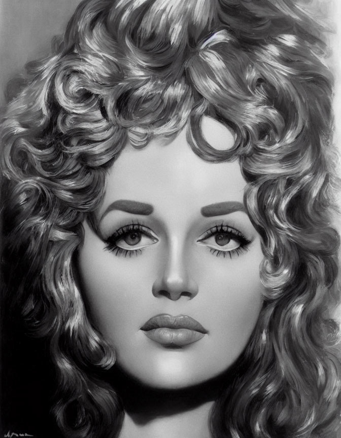 Monochrome portrait of woman with curly hair, striking eyes, and classic beauty