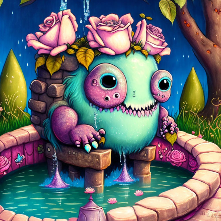 Illustration of Cute Blue Monster in Stone Well with Pink Roses