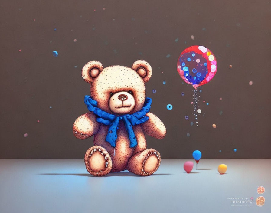 Textured teddy bear with blue bow tie, pin, small balls, and colorful popped balloon.
