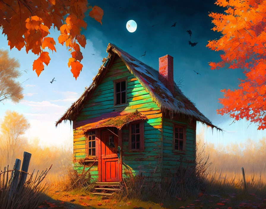 Cozy wooden cottage with red door in autumn scene