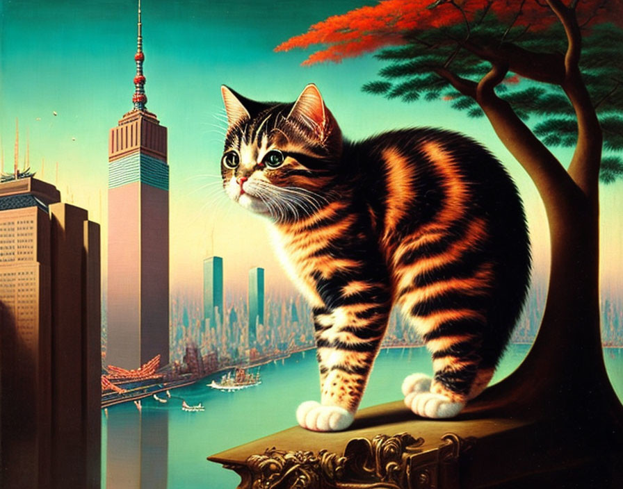 Giant Tabby Cat in Vibrant Cityscape with Tree and Boat