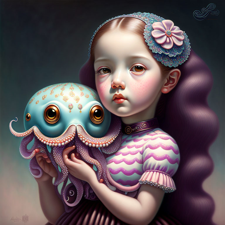 Girl with Wavy Hair Holding Stylized Octopus with Intricate Patterns