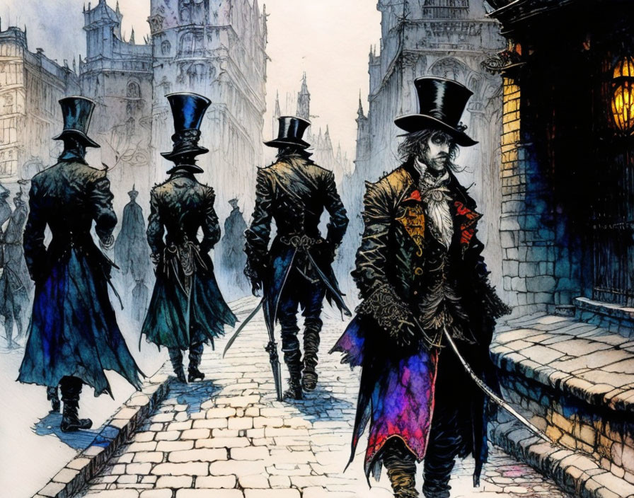 Victorian gentlemen in top hats walking on cobblestone street