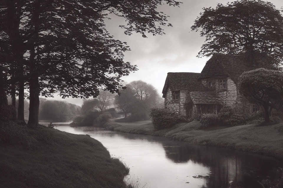 Serene Misty River Scene with Old Stone Cottage Amid Trees